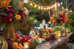 zomer soiree feestelijk decoraties, fonkelend lichten, en tafels versierd met vers fruit en bloemen, instelling de tafereel voor een verrukkelijk buitenshuis bijeenkomst onder de zomer ster foto