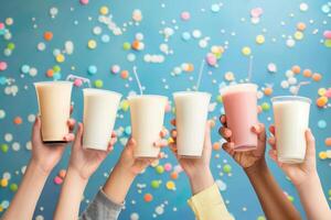 wereld melk dag. mensen Holding milkshake cups in hun handen Bij de tafel foto