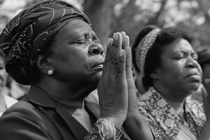 juni.twee Dames bidden met handen samen in een zwart en wit foto