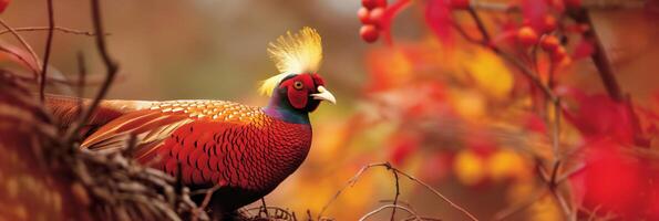 gouden pheasa. een phasianidae vogel zitstokken Aan een boom Afdeling in een natuurlijk landschap foto