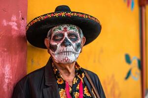 cinco de mayonaise. een Mens in een sombrero met een schedel gezicht verf voor een evenement foto