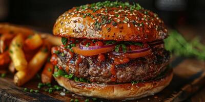 detailopname schot van een Hamburger Aan een houten snijdend bord foto