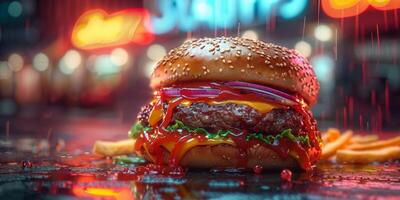 detailopname schot van een Hamburger Aan een houten snijdend bord foto