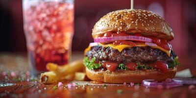 detailopname schot van een Hamburger Aan een houten snijdend bord foto