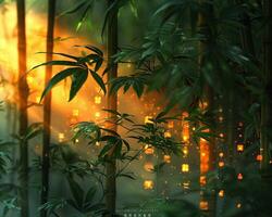 zonlicht gieten schaduwen door een bamboe Woud foto