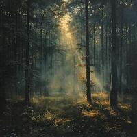 zonlicht filteren door dicht Woud bomen foto