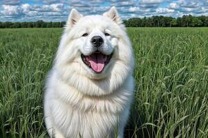 glimlachen hond buitenshuis veld- gelukkig foto