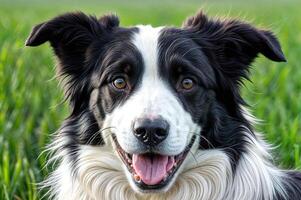 glimlachen hond buitenshuis veld- gelukkig foto