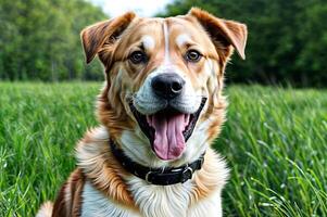 glimlachen hond buitenshuis veld- gelukkig foto