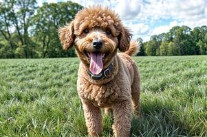 glimlachen hond buitenshuis veld- gelukkig foto