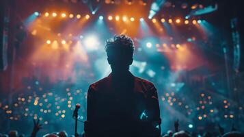 band zanger staand Aan een concert stadium geconfronteerd zijn fans foto