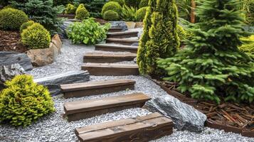 tuin ontwerp met grind, houten stappen en groot rotsen omringd in het foto