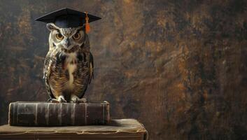 uil met diploma uitreiking pet zittend Aan oud boek, donker bruin achtergrond foto