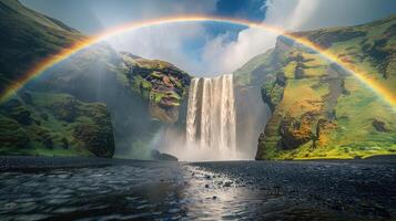 een regenboog is schijnend over- een waterval in IJsland foto