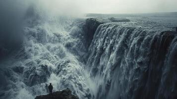 een Mens staand Aan de rand van een waterval foto