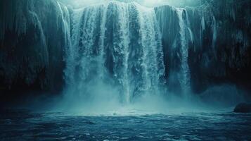 een waterval in de donker met een licht schijnend bovenstaand het foto