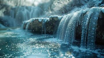 een waterval is vloeiende naar beneden een rivier- in de sneeuw foto