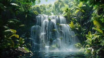 een waterval in de oerwoud met water en palm bomen foto