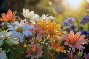 levendig bloemen bloeiend in tuin, weken omhoog de zomer zonneschijn foto