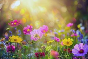 levendig bloemen bloeiend in tuin, weken omhoog de zomer zonneschijn foto