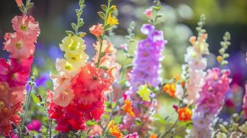 levendig bloemen bloeiend in tuin, weken omhoog de zomer zonneschijn foto