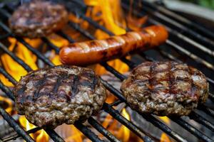 barbecue rooster sissend met sappig hamburgers en hotdogs, nietje van zomer bijeenkomsten foto