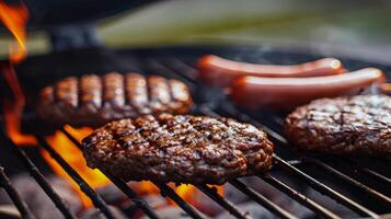 barbecue rooster sissend met sappig hamburgers en hotdogs, nietje van zomer bijeenkomsten foto