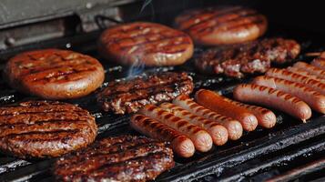 barbecue rooster sissend met sappig hamburgers en hotdogs, nietje van zomer bijeenkomsten foto