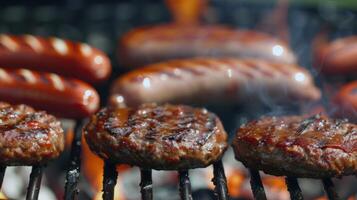 barbecue rooster sissend met sappig hamburgers en hotdogs, nietje van zomer bijeenkomsten foto