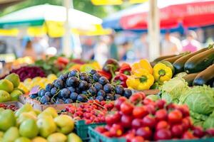 bruisend buitenshuis markt gevulde met verkoper verkoop vers fruit, groenten, en bloemen foto