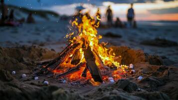 vreugdevuur knetteren Aan de strand, omringd door vrienden sharing verhalen Aan zomer avond foto