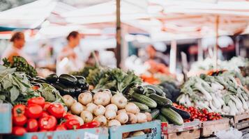 bruisend buitenshuis markt gevulde met verkoper verkoop vers fruit, groenten, en bloemen foto