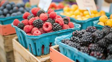 kleurrijk rangschikking van vers fruit Bij boer markt, barsten met smaken van de zomer oogst foto