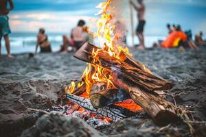 vreugdevuur knetteren Aan de strand, omringd door vrienden sharing verhalen Aan zomer avond foto