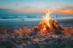 vreugdevuur knetteren Aan de strand, omringd door vrienden sharing verhalen Aan zomer avond foto