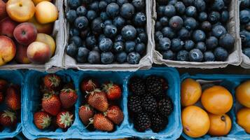 kleurrijk rangschikking van vers fruit Bij boer markt, barsten met smaken van de zomer oogst foto