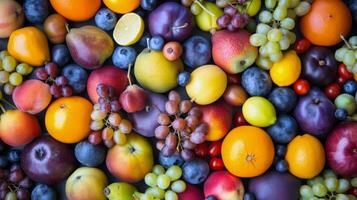 kleurrijk rangschikking van vers fruit Bij boer markt, barsten met smaken van de zomer oogst foto