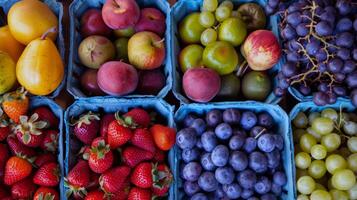 kleurrijk rangschikking van vers fruit Bij boer markt, barsten met smaken van de zomer oogst foto