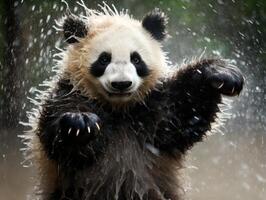 panda genietend in bijzonder regen douche foto