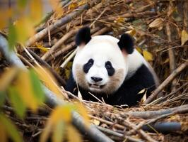 panda opkomend van dicht bamboe struikgewas foto