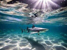 haaien zwemmen in kristal Doorzichtig wateren foto