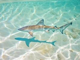 haaien zwemmen in kristal Doorzichtig wateren foto