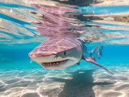 haaien zwemmen in kristal Doorzichtig wateren foto