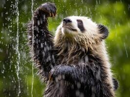 panda genietend in bijzonder regen douche foto