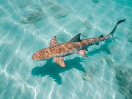 haaien zwemmen in kristal Doorzichtig wateren foto