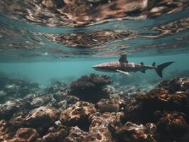 haaien zwemmen in kristal Doorzichtig wateren foto