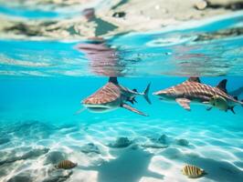 haaien zwemmen in kristal Doorzichtig wateren foto