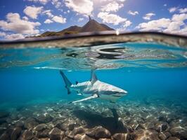 haaien zwemmen in kristal Doorzichtig wateren foto