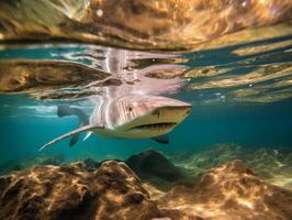 haaien zwemmen in kristal Doorzichtig wateren foto