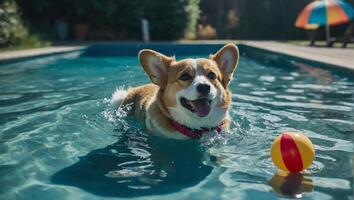 aanbiddelijk corgi sierlijk glijden door de Doorzichtig blauw wateren van de zwembad met uiten genot foto